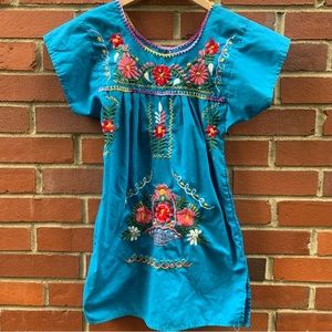 Teal and embroidered floral girls shirt sleeve dress- handmade in Mexico